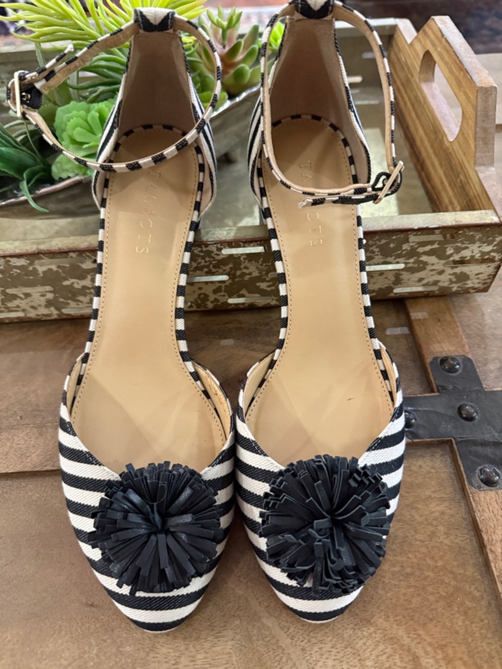 Striped Black & White Ankle-Strap Flats with Pom Detail. Talbots